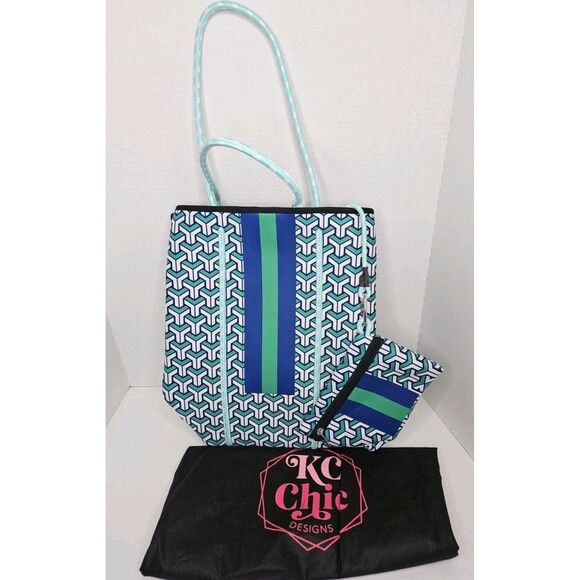 Neoprene Large Tote Bag With Zip Pouch Green Geometric KC Chic Designs Dust Bag - Picture 2 of 5